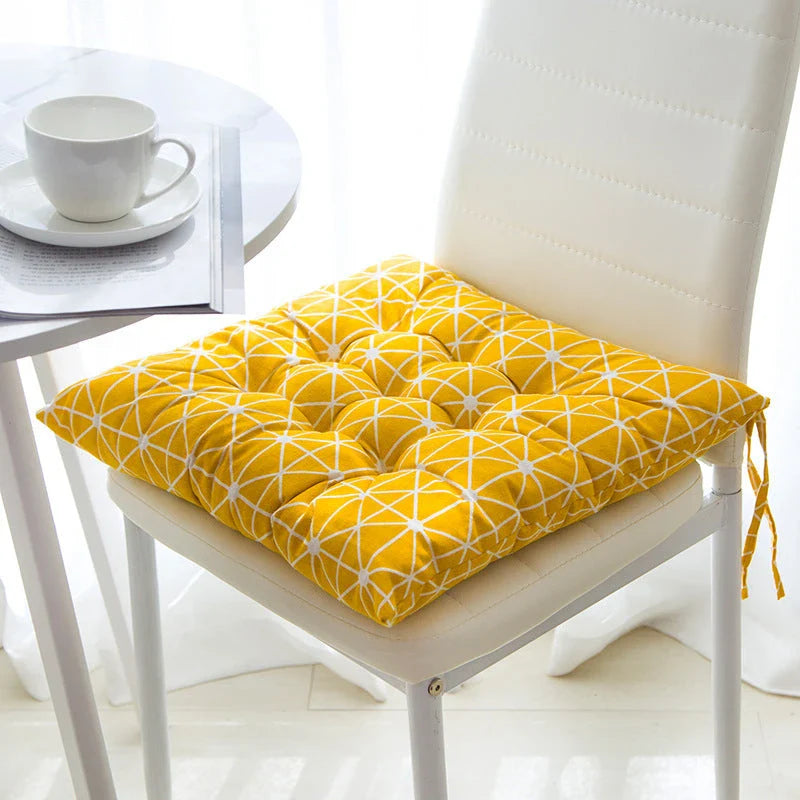 Soft and supportive linen-cotton chair cushion with various color and pattern options
