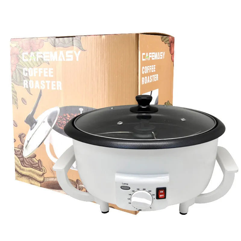 White oblate coffee bean roasting machine with transparent viewing window and 225mm base diameter