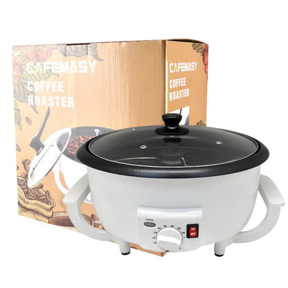White oblate coffee bean roasting machine with transparent viewing window and 225mm base diameter