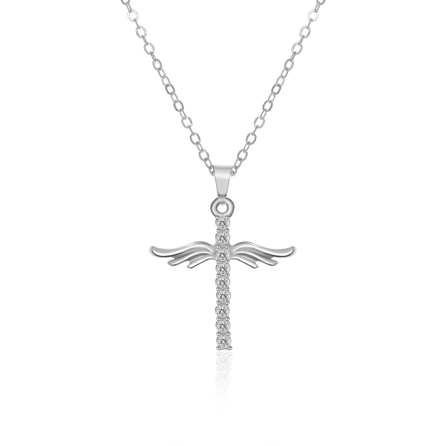 Elegant angel wings cross pendant necklace made of high-quality alloy in gold and silver tones, with adjustable chain length.