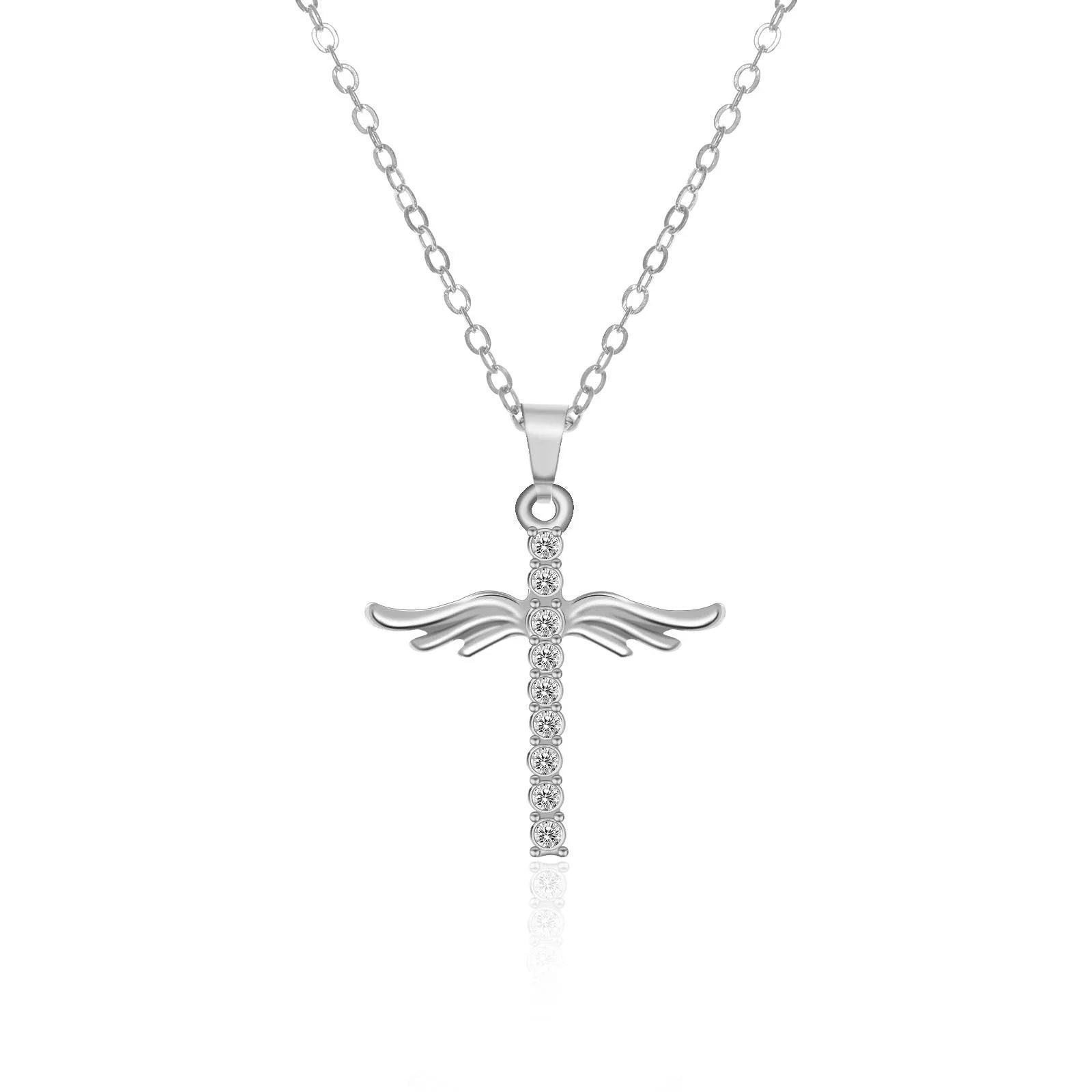 Elegant angel wings cross pendant necklace made of high-quality alloy in gold and silver tones, with adjustable chain length.