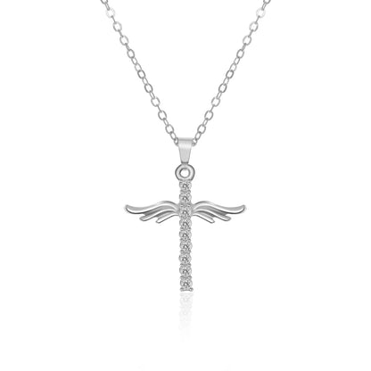 Elegant angel wings cross pendant necklace made of high-quality alloy in gold and silver tones, with adjustable chain length.