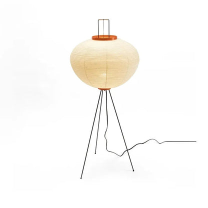 Japanese style table lamp with a white handmade rice paper shade on a slim aluminium base.