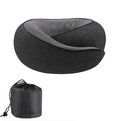 U-shaped memory foam neck pillow for travel shown with its storage bag.