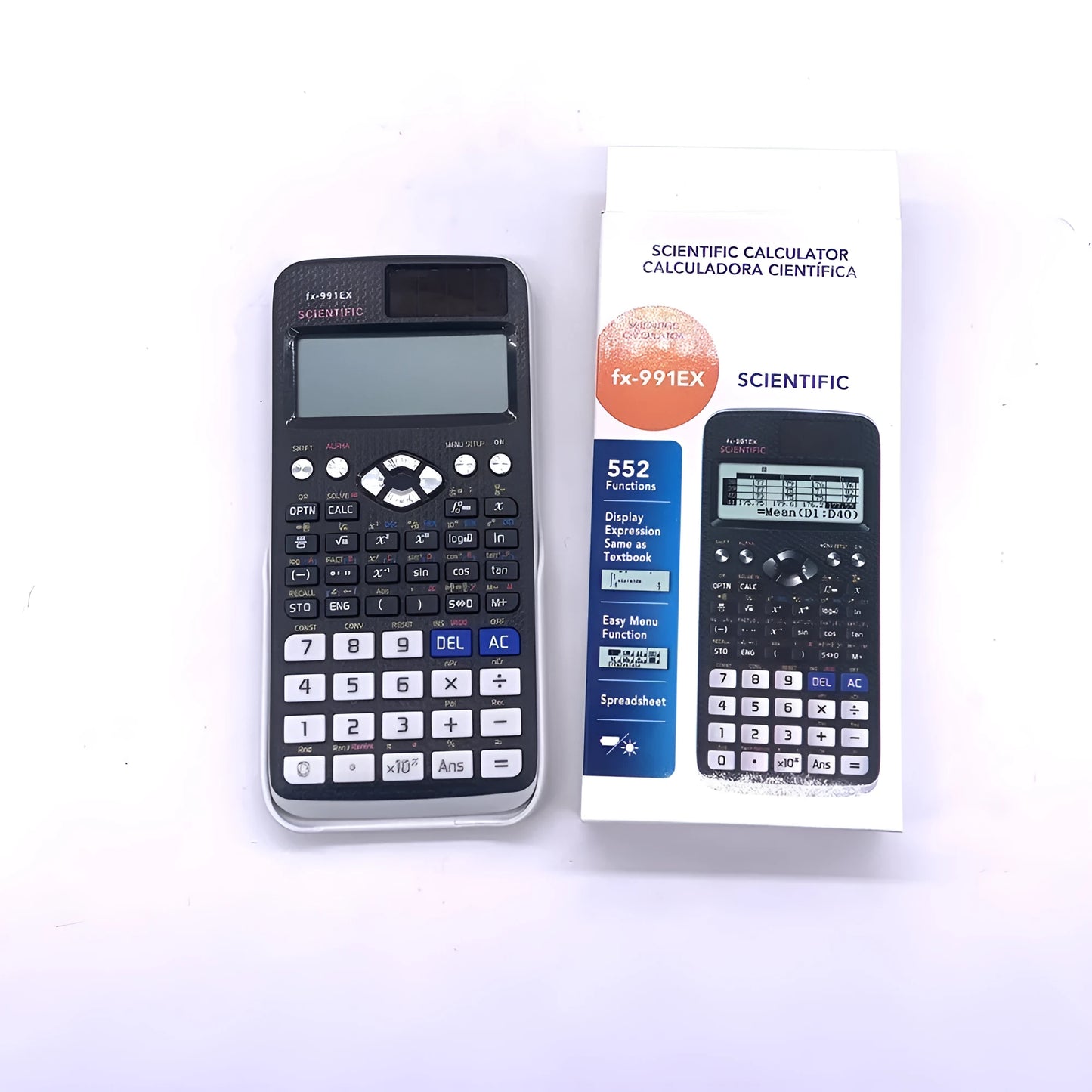 991EX scientific calculator in black, blue, or pink for complex statistics and algebra.