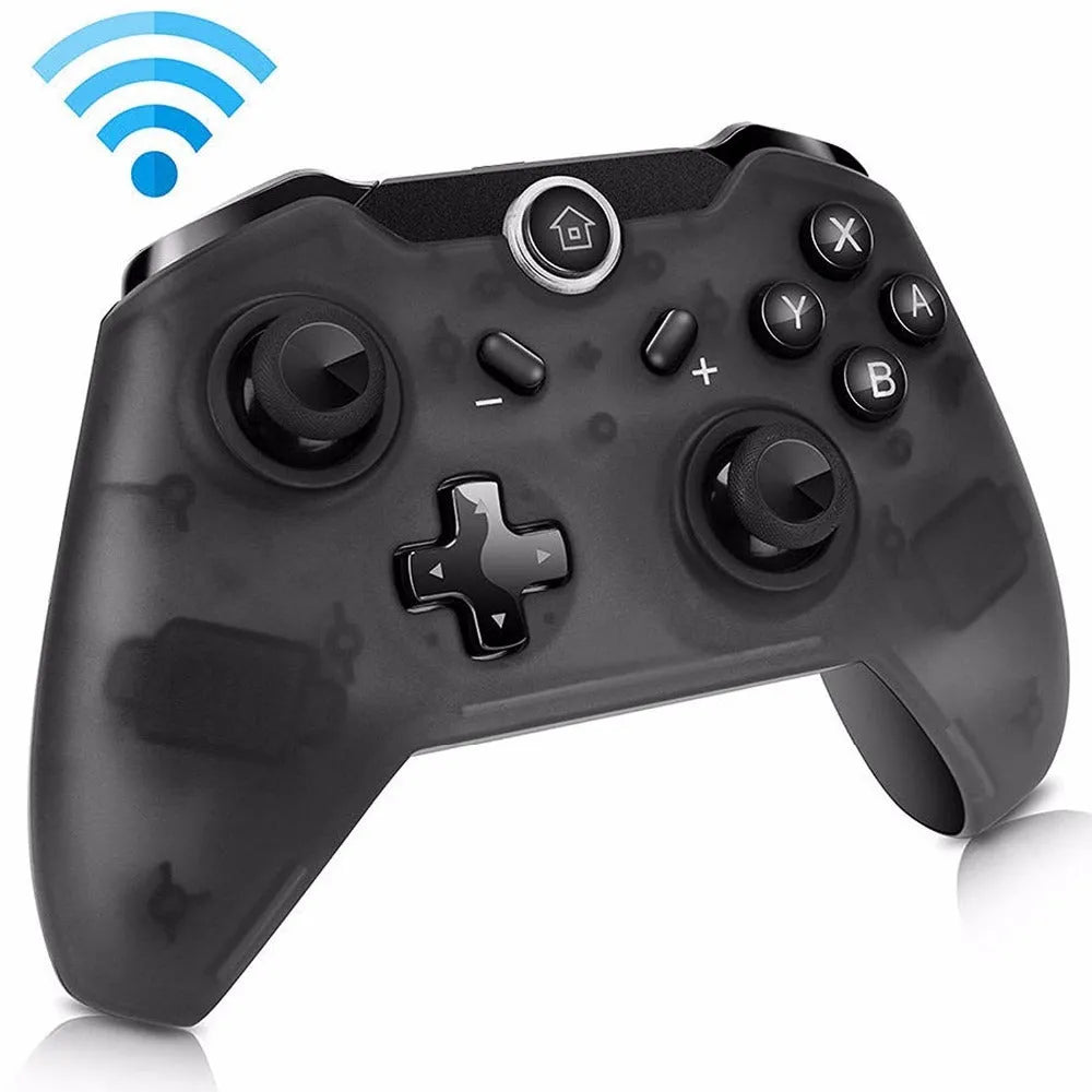 Wireless Nintendo Switch Pro controller in black, white, or blue with analogue sticks and action buttons.