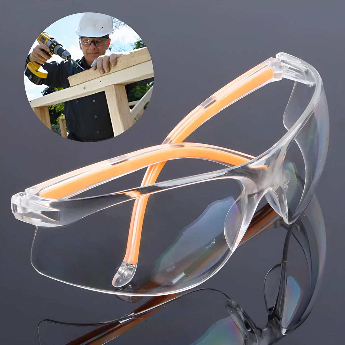 Transparent polycarbonate safety goggles with yellow frame for lab and welding protection.