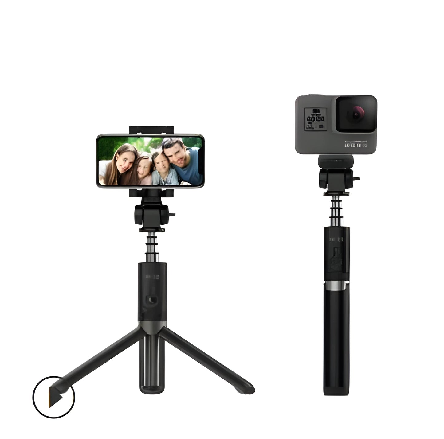 Aluminium tripod selfie stick with extended phone clip and Bluetooth remote on a table