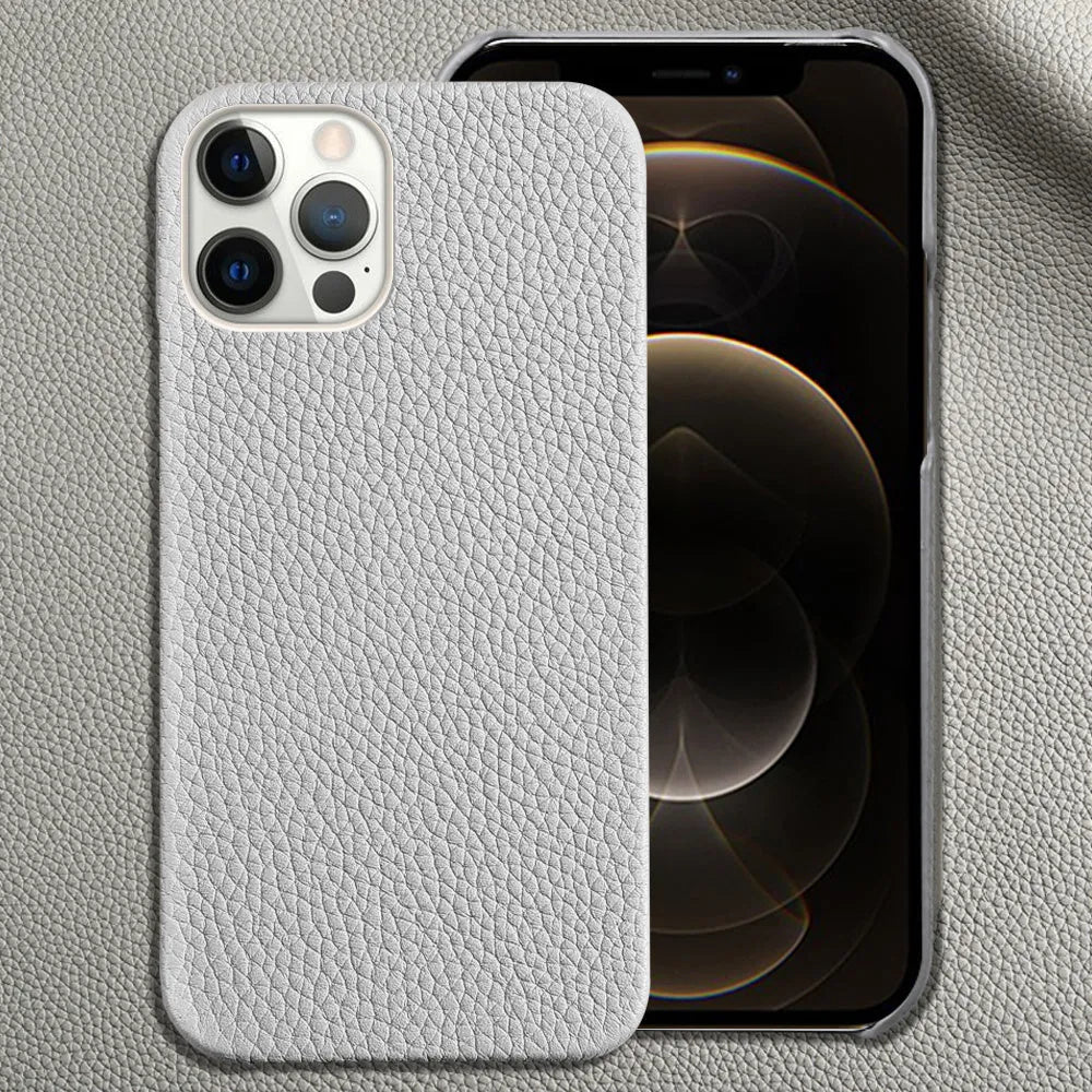 Genuine cowhide leather iPhone case in brown with anti-drop design and tempered film included.