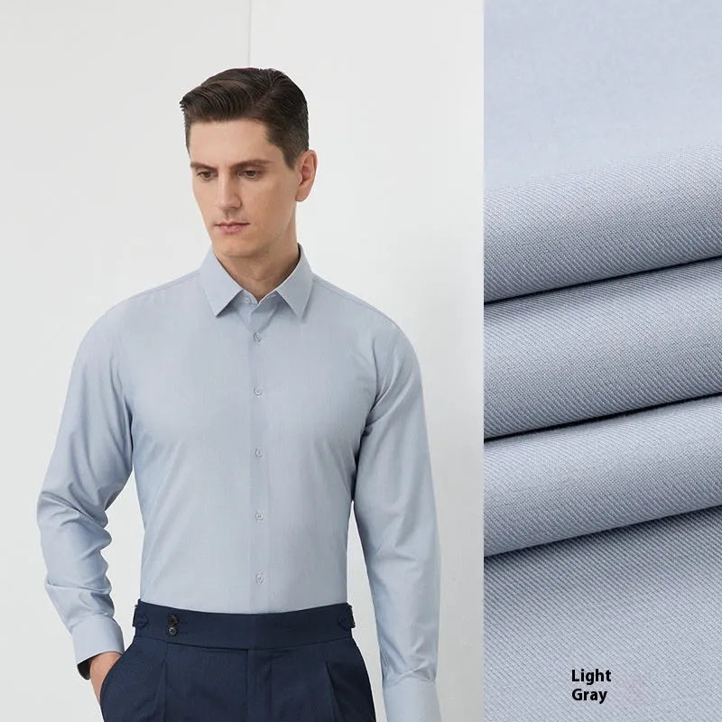 Men's long-sleeved mulberry silk business shirt in light blue with regular cut and cardigan style