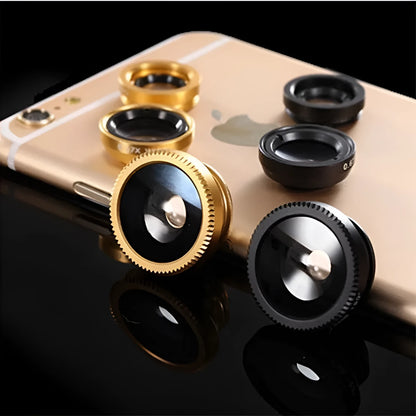 Three mobile phone lens attachments: fisheye, wide-angle and macro for smartphone photography
