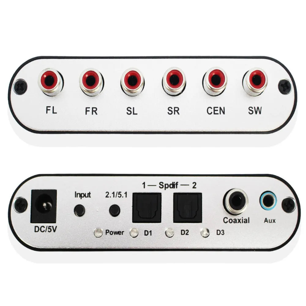 Black DTS Dolby AC-3 audio decoder with optical coaxial inputs for 5.1 channel conversion