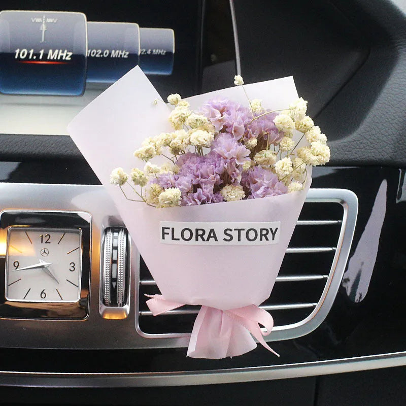 Dried flower car air freshener set with colourful bouquet and fragrance strips for air conditioning vents