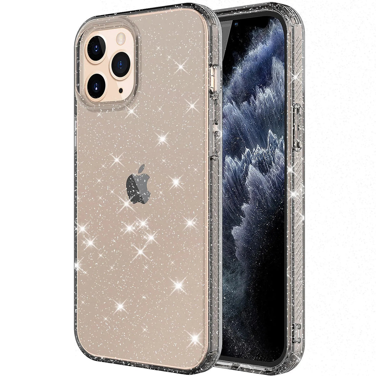 Transparent glitter TPU phone case for IPhone 12 series in pink, black, purple and clear colour options