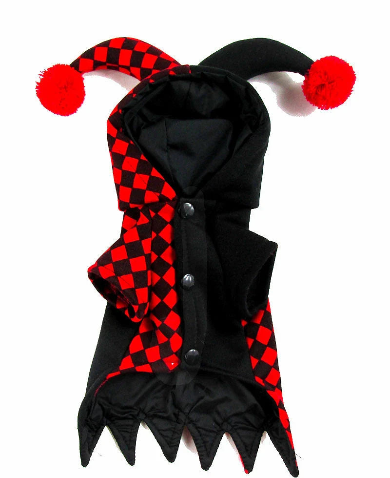 A pet wearing a clown costume with a jaunty hat, made of high-quality polyester for comfort and durability.