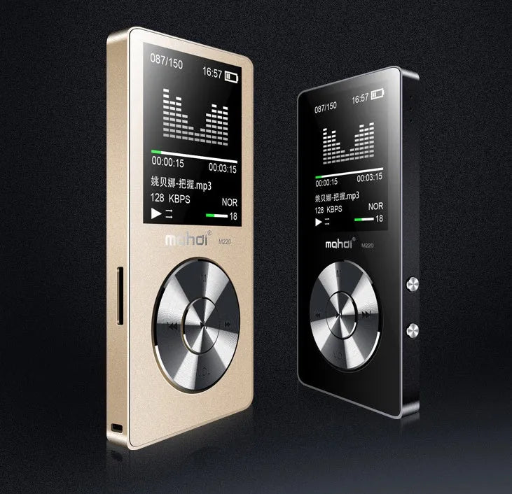 Compact gold metal MP3 player with a 1.8-inch screen showing music menu, placed on a table.
