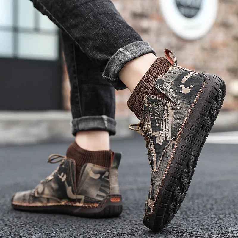 High-top canvas trainers with hand-painted pattern, rubber sole, black or khaki, sizes 39-43, winter casual shoes