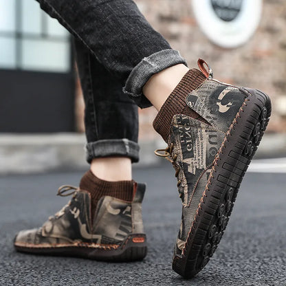 High-top canvas trainers with hand-painted pattern, rubber sole, black or khaki, sizes 39-43, winter casual shoes