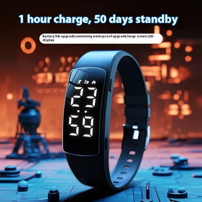 Smart electronic watch with vibration alarm on a silicone strap, showing LED display and 11mm thick case.