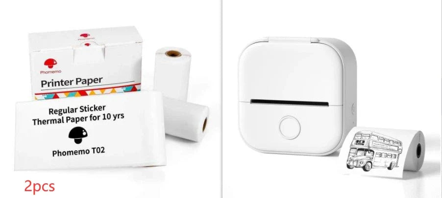 Compact Bluetooth-enabled thermal label printer in white, pink, and green colors with various label options