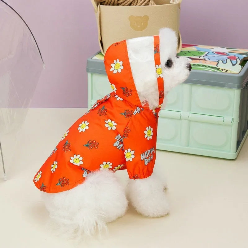 Transparent dog raincoat with small flower pattern and pull ring traction system