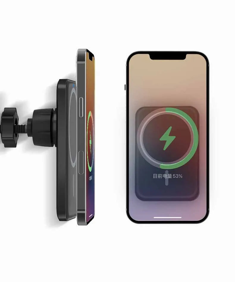 Black car magnetic wireless charging bracket mounted on air vent with phone attached