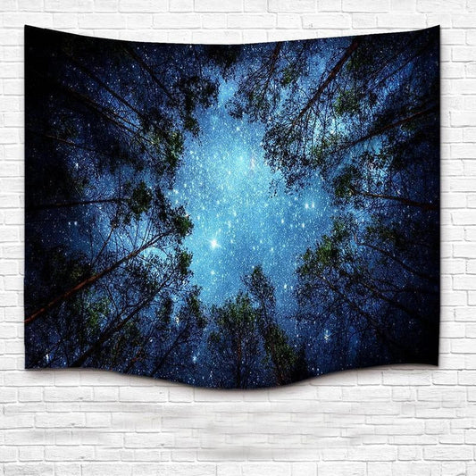 A beautiful forest-themed tapestry with a starry night sky design, perfect for enhancing home decor