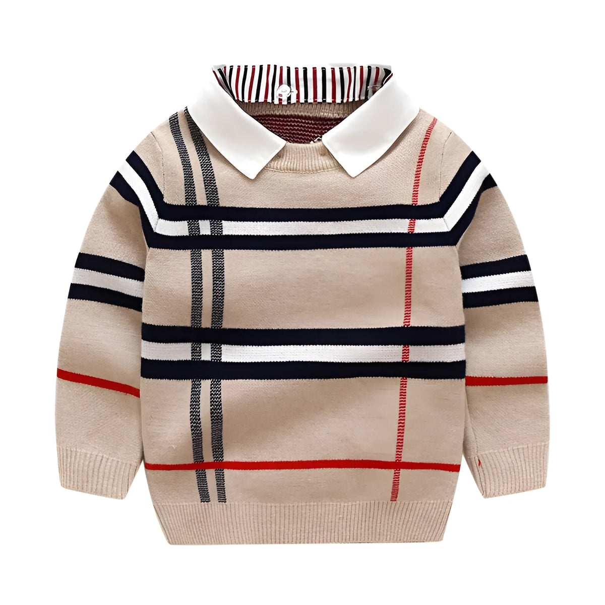 Boys plaid jacquard sweater in Apricot or Navy Blue, long-sleeve cotton-rich pullover for autumn and winter.