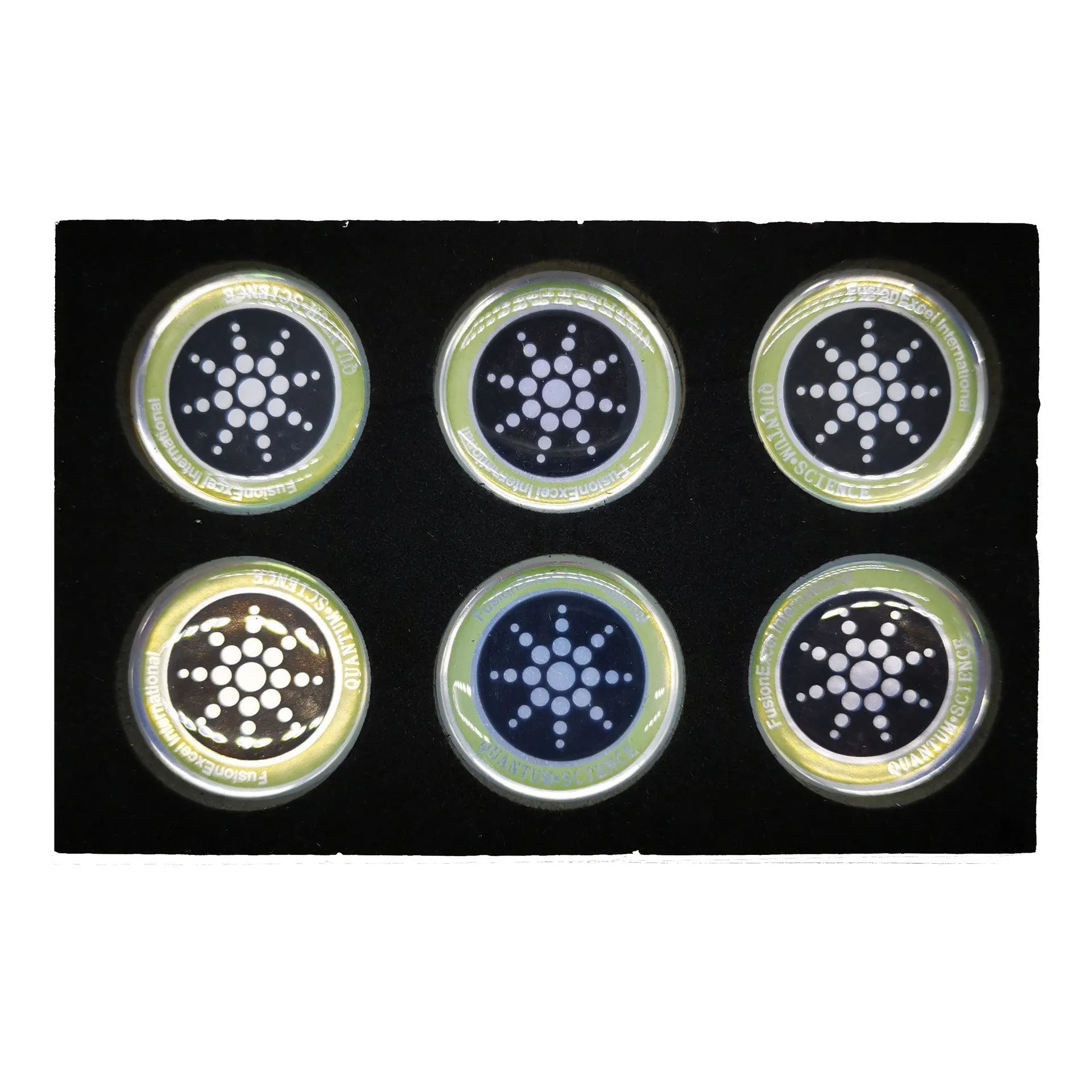 Box containing six gold and silver anti-electromagnetic wave stickers for mobile phones