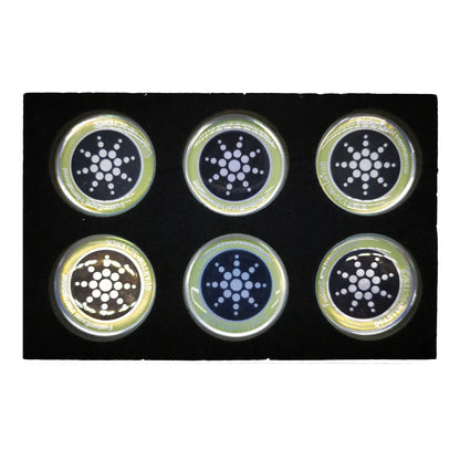 Box containing six gold and silver anti-electromagnetic wave stickers for mobile phones