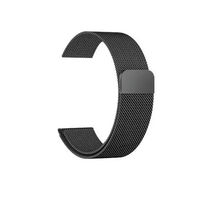 Apple Watch strap in stainless steel, offering a 22mm width for 38/40mm cases and 24mm for 42/44mm, with a 220mm adjustable length for a precise fit across 21 colour options.