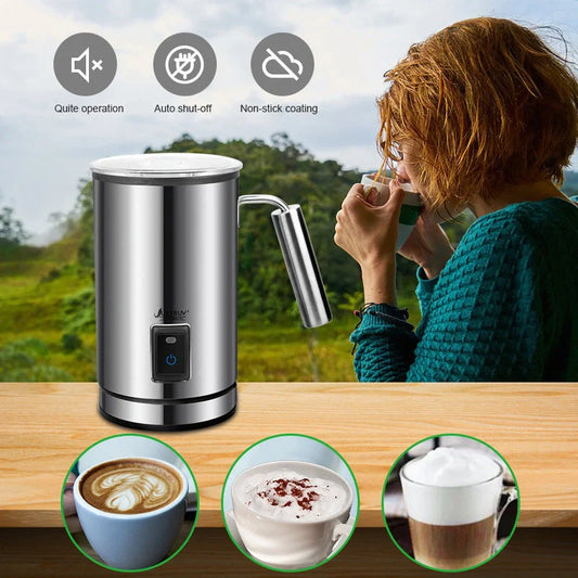 Electric Milk Frother in silver with stainless-steel body for coffee and cappuccino