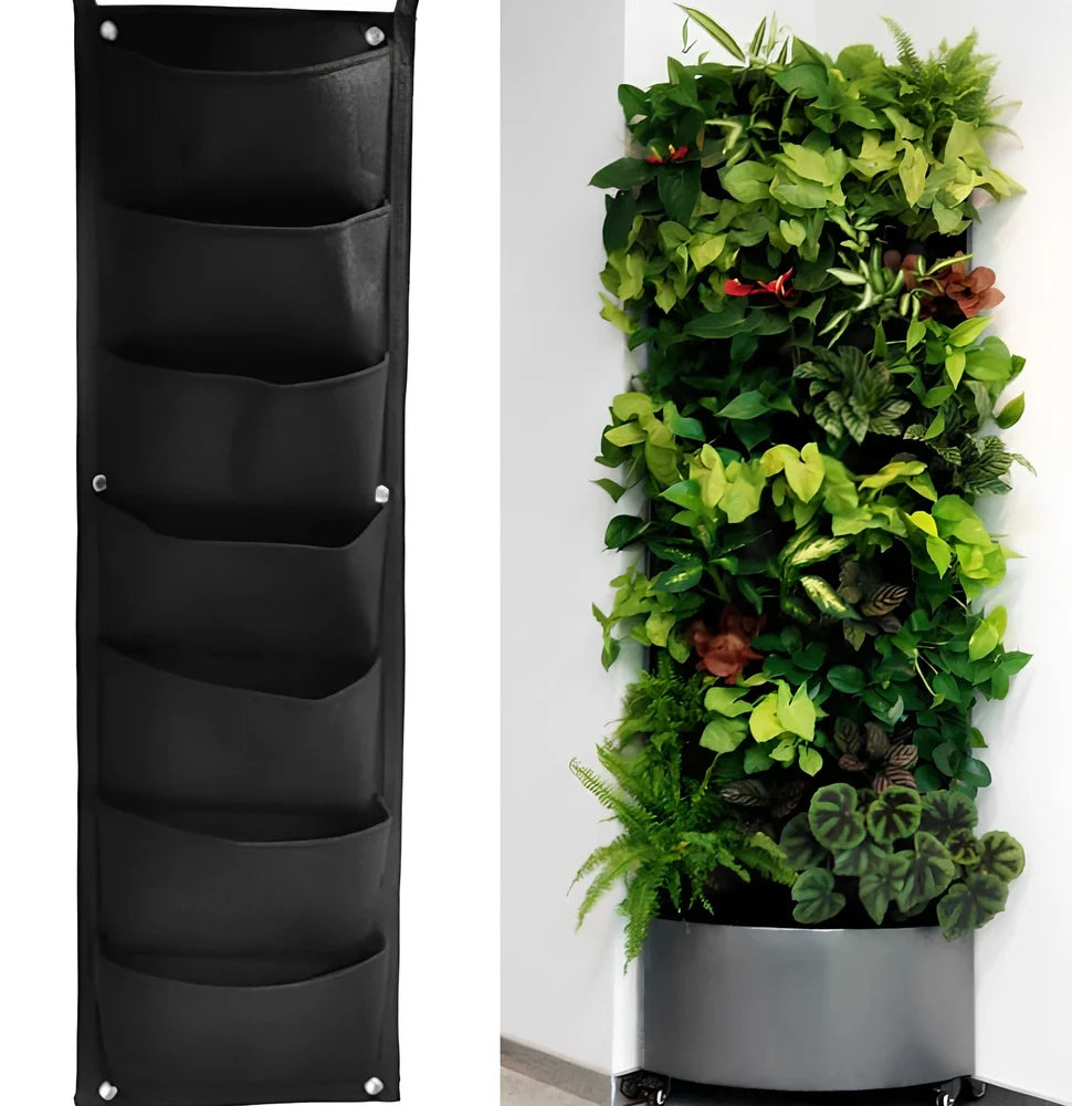 Vertical wall hanging planting bag in grey felt with 18 pockets for indoor outdoor herb and vegetable growth, 102cm tall