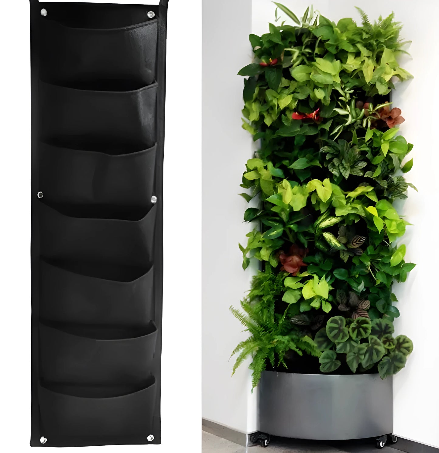 Vertical wall garden planter with multiple planting pockets made from recycled felt material