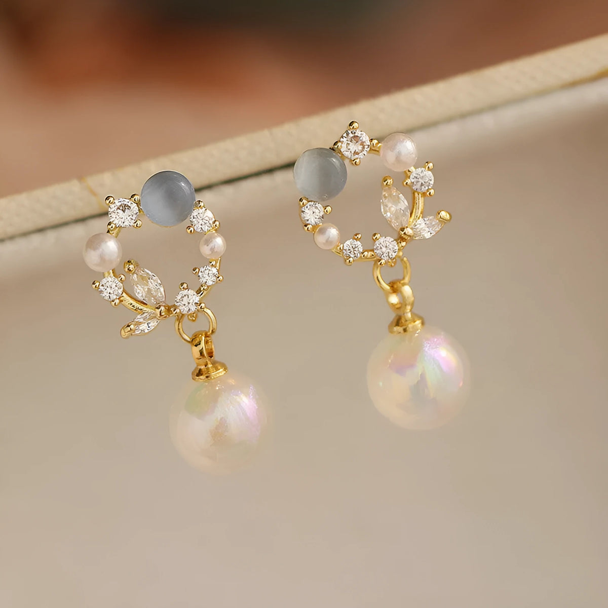 Blue opal fairy fish pearl stud earrings with rhinestone and 925 silver needle, 2.4 cm geometric studs
