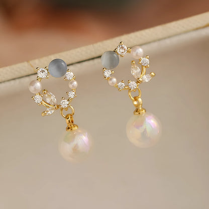 Blue opal fairy fish pearl stud earrings with rhinestone and 925 silver needle, 2.4 cm geometric studs