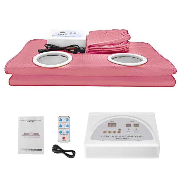 650W electric sauna blanket in grey, pink, or purple, with remote control, sleeves, and power cord.