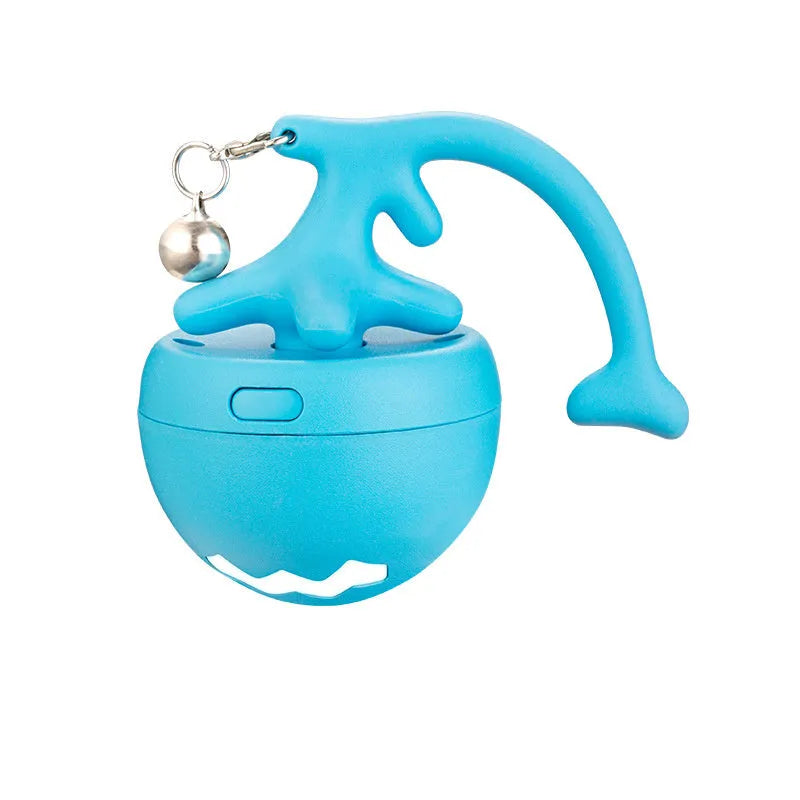 Blue USB rechargeable electric cat teasing ball with fish bone attachments and a separate feather teasing stick.