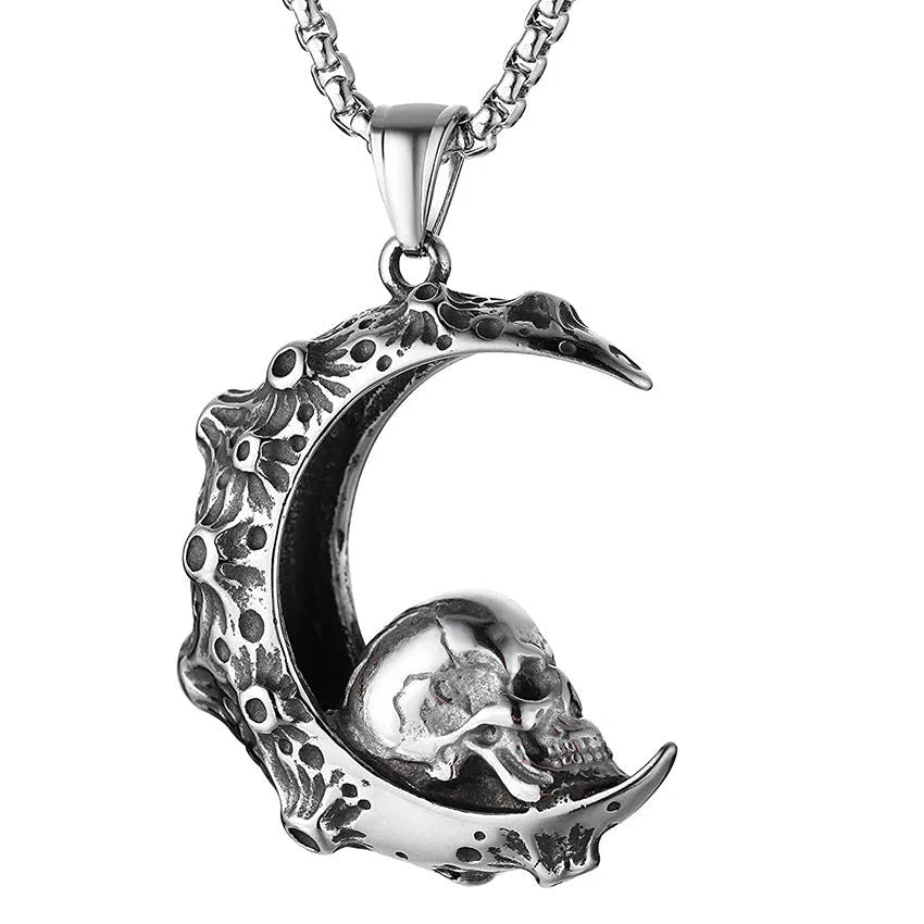 Men's silver electroplated skull necklace with stainless steel chain and alloy pendant showing six design options