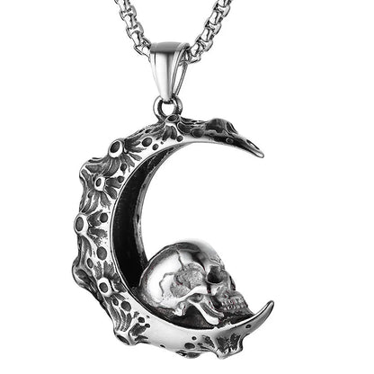 Men's silver electroplated skull necklace with stainless steel chain and alloy pendant showing six design options