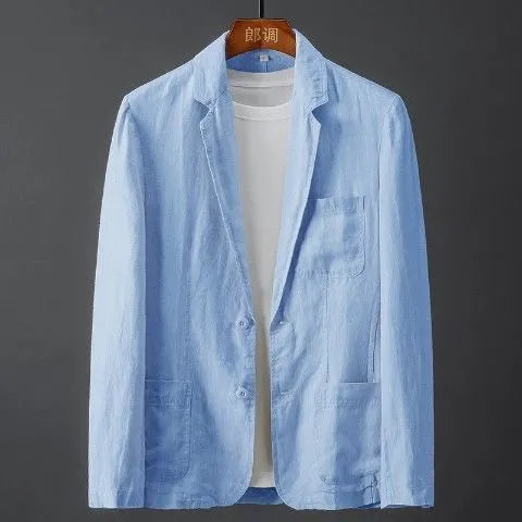 Men's slim fit linen suit jacket in chlorine fibre with nine-point sleeves and mid-length cut