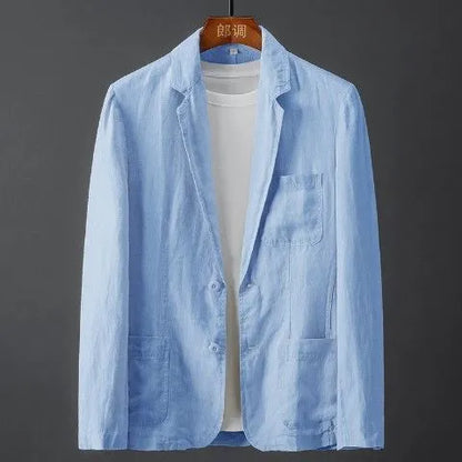 Men's slim fit linen suit jacket in chlorine fibre with nine-point sleeves and mid-length cut