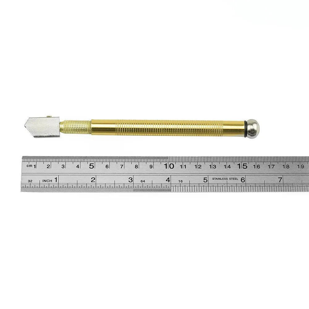 Handheld metal glass cutter tool with a carbide wheel for cutting thick glass sheets.