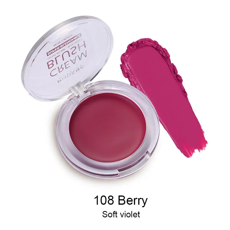 PHOERA Light and Brightening Blush Cream pot in one of eight colours: Freesia, Peach, Strawberry, Sunflower, Dusk, Sunset, Grape, or Berry.