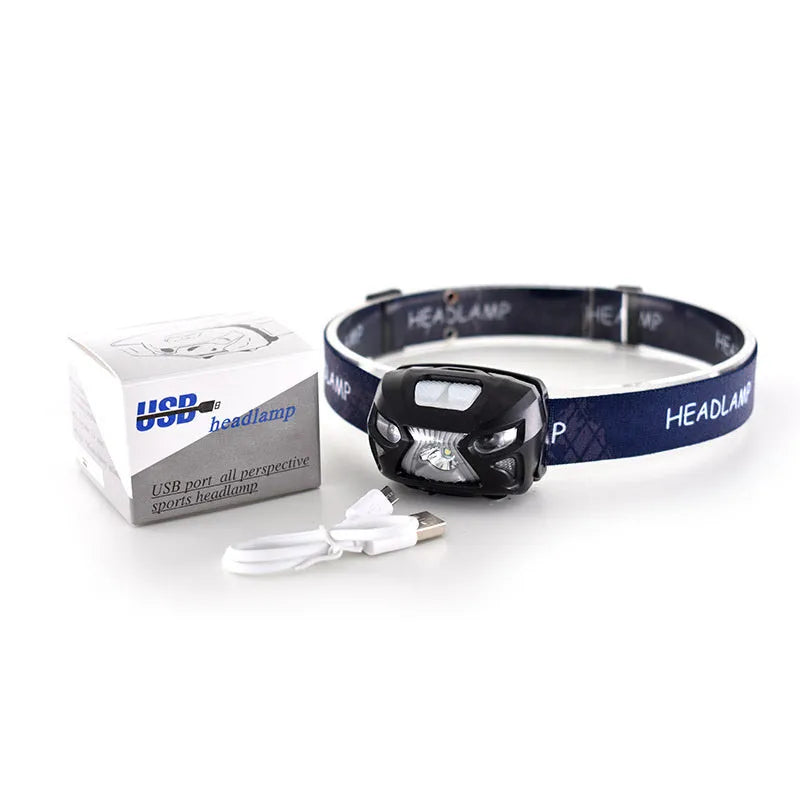 Black waterproof LED head-mounted sensor headlight with adjustable webbing headband