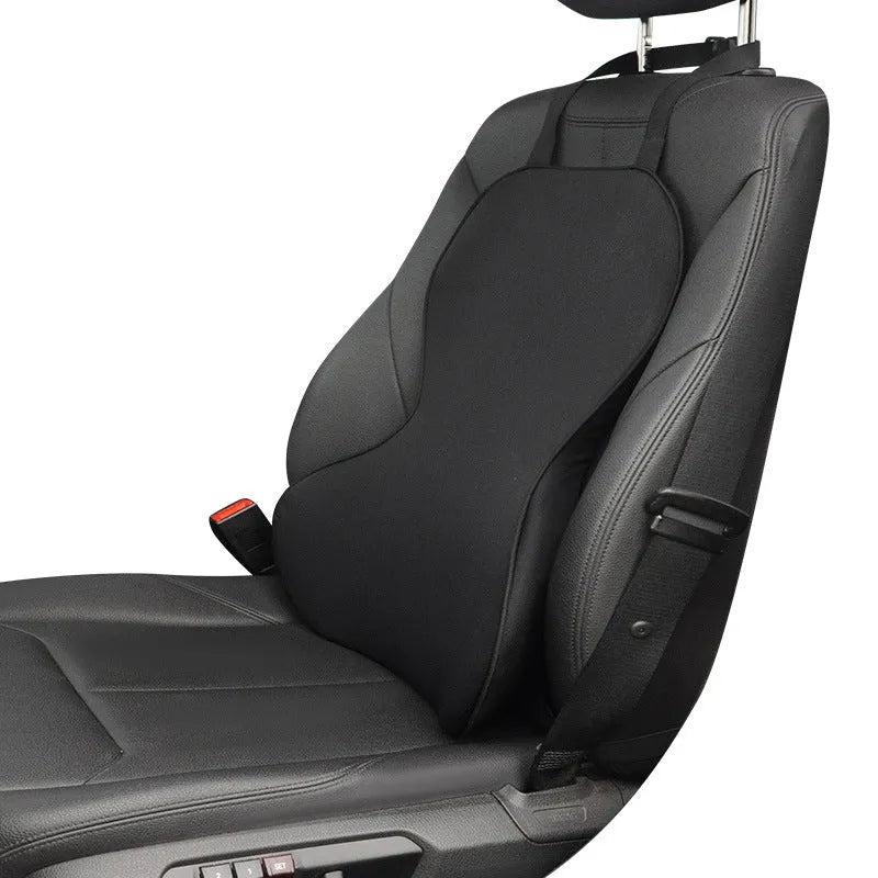 Universal fit memory cotton car lumbar support cushion in solid colour, shown on a car seat.
