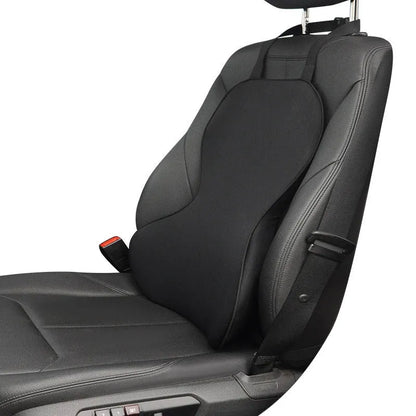 Universal fit memory cotton car lumbar support cushion in solid colour, shown on a car seat.