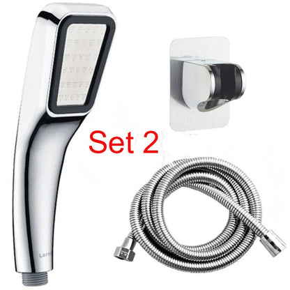 Orange hand-held pressurised shower head with rain function and attachment pieces