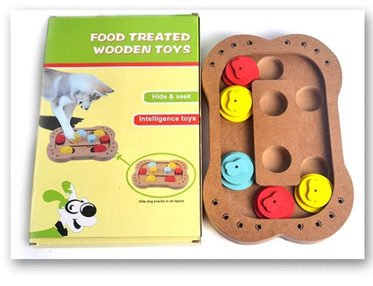 Wooden dog puzzle toy in bone type, paw print, and square styles for feeding and play