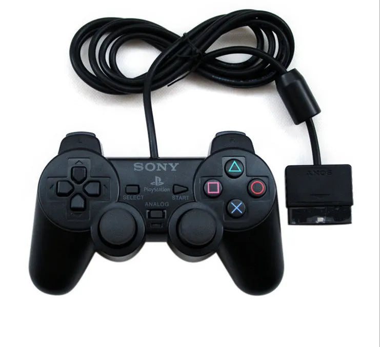 PS2 wired vibration game controller with ABS plastic housing and USB cable